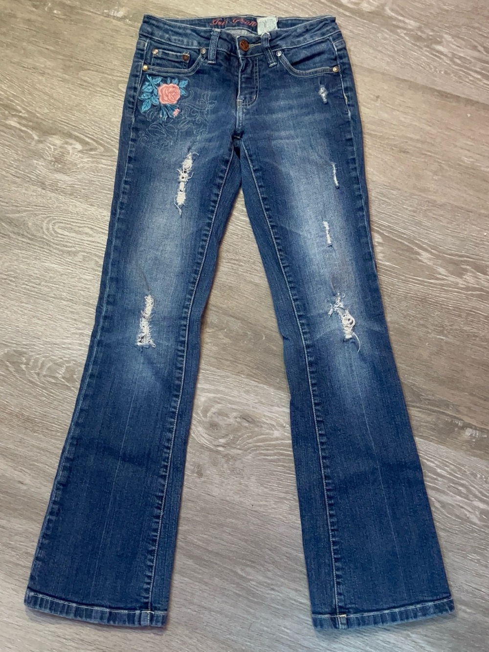 Women’s Distressed Dark Blue Bootcut Jeans with Floral Embroidery